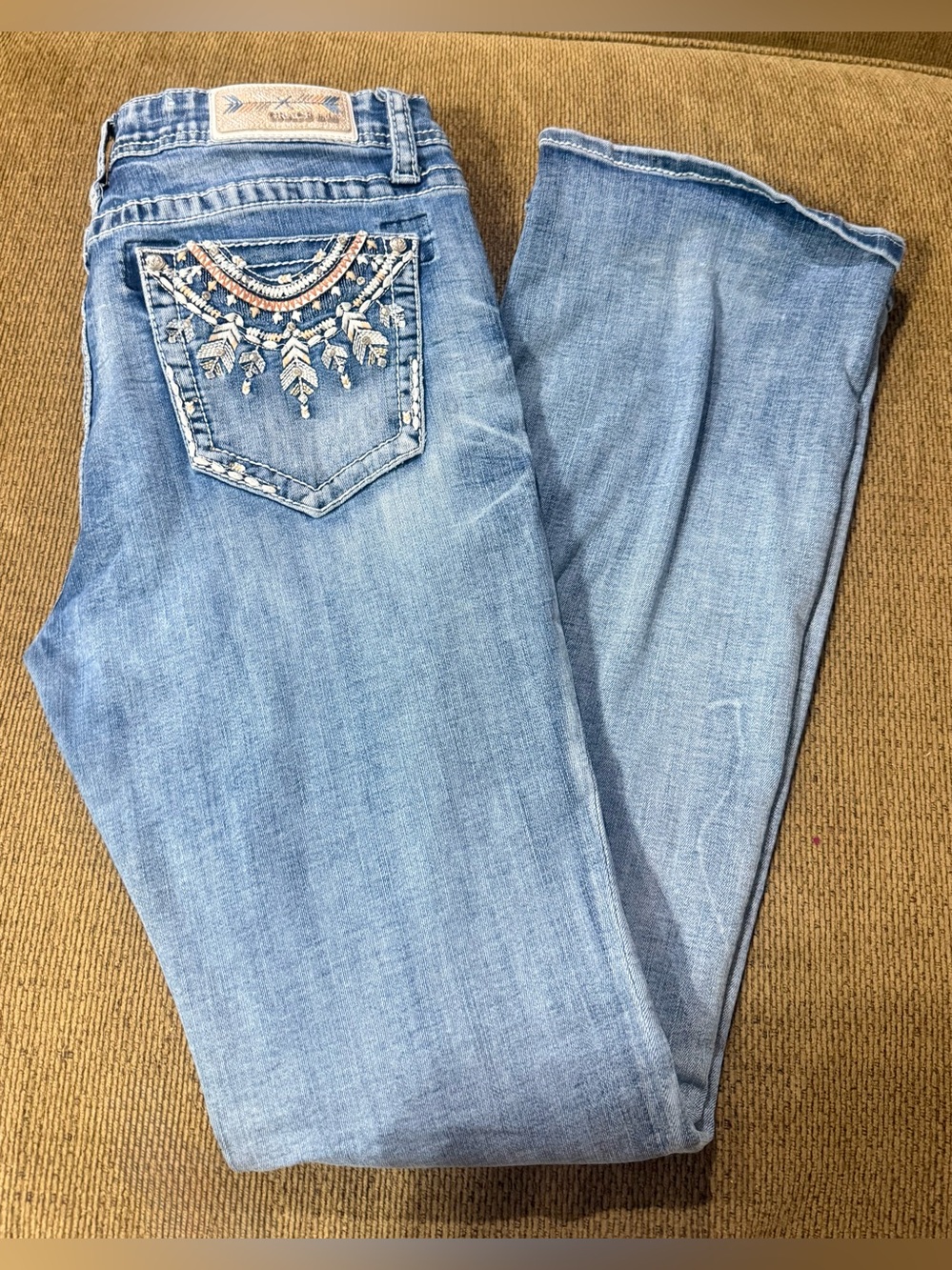 Grace in LA Womens Blue Light Wash Bootcut Denim Jeans Embroidered RhinestoneW32